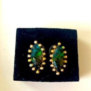 New Green & Gold stud Pierced Earrings, Perfect tiny crystals line each